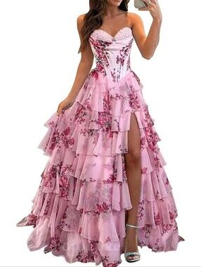 NWT Homecoming Prom Formal Dance Dress Medium M Floral Pink Tiered Ruffles Girly